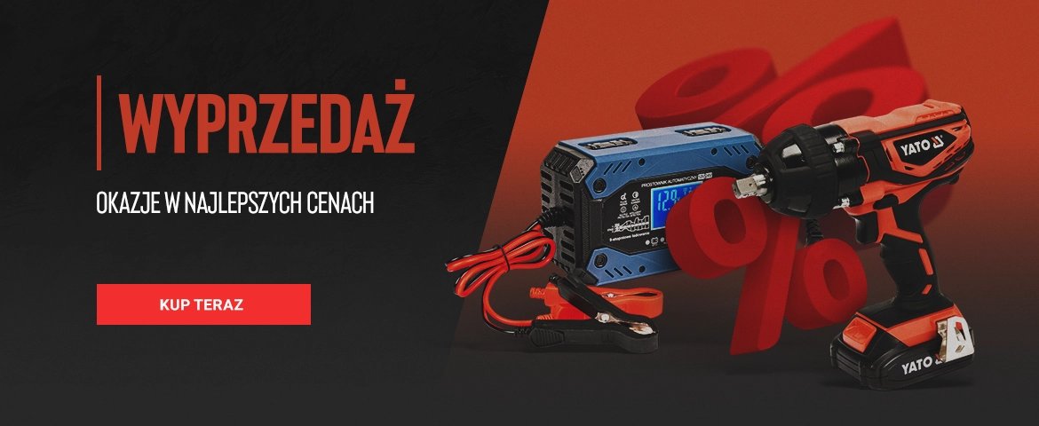 Wyprzedaż narzędzi - wiertarka akumulatorowa i prostownik do akumulatora na czerwonym tle