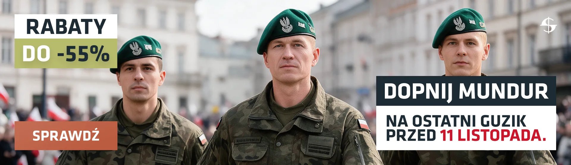 Trzej żołnierze w mundurach polskich z beretami, na placu miejskim, z napisami o rabatach do -55% i promocji do 11 listopada
