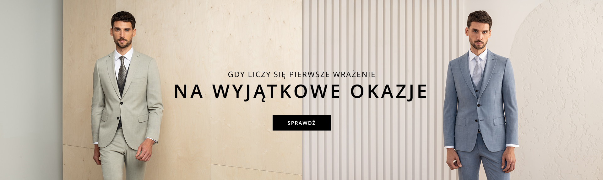 Dwaj mężczyźni w garniturach - jeden w beżowym, drugi w niebieskim
