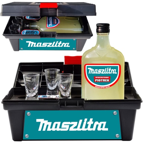 Zestaw narzędziowy Maszynista w toolboxie z butelką i trzema szklankami
