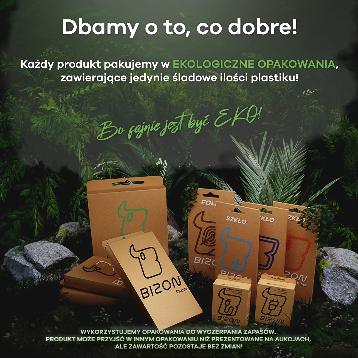 Ekologiczne opakowania kartonowe produktów Bizon z logami i zielenią w tle