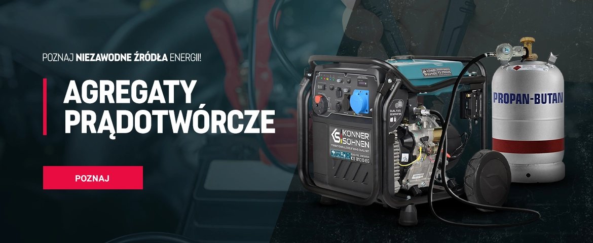 Agregaty prądotwórcze - generator i butla propanu z tekstem promującym źródła energii