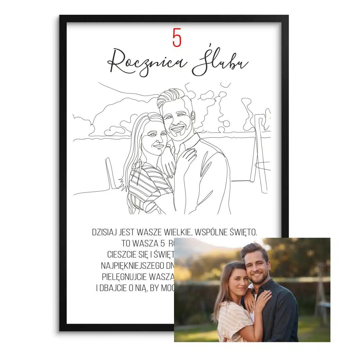 Personalizowana grafika w czarnej ramie z rysunkiem pary i tekstem '5 Rocznic Slubu' oraz polskim wierszem